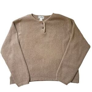 L.L.Bean Womens Small Textured Knit Henley Sweater Tan Cotton Pullover Casual